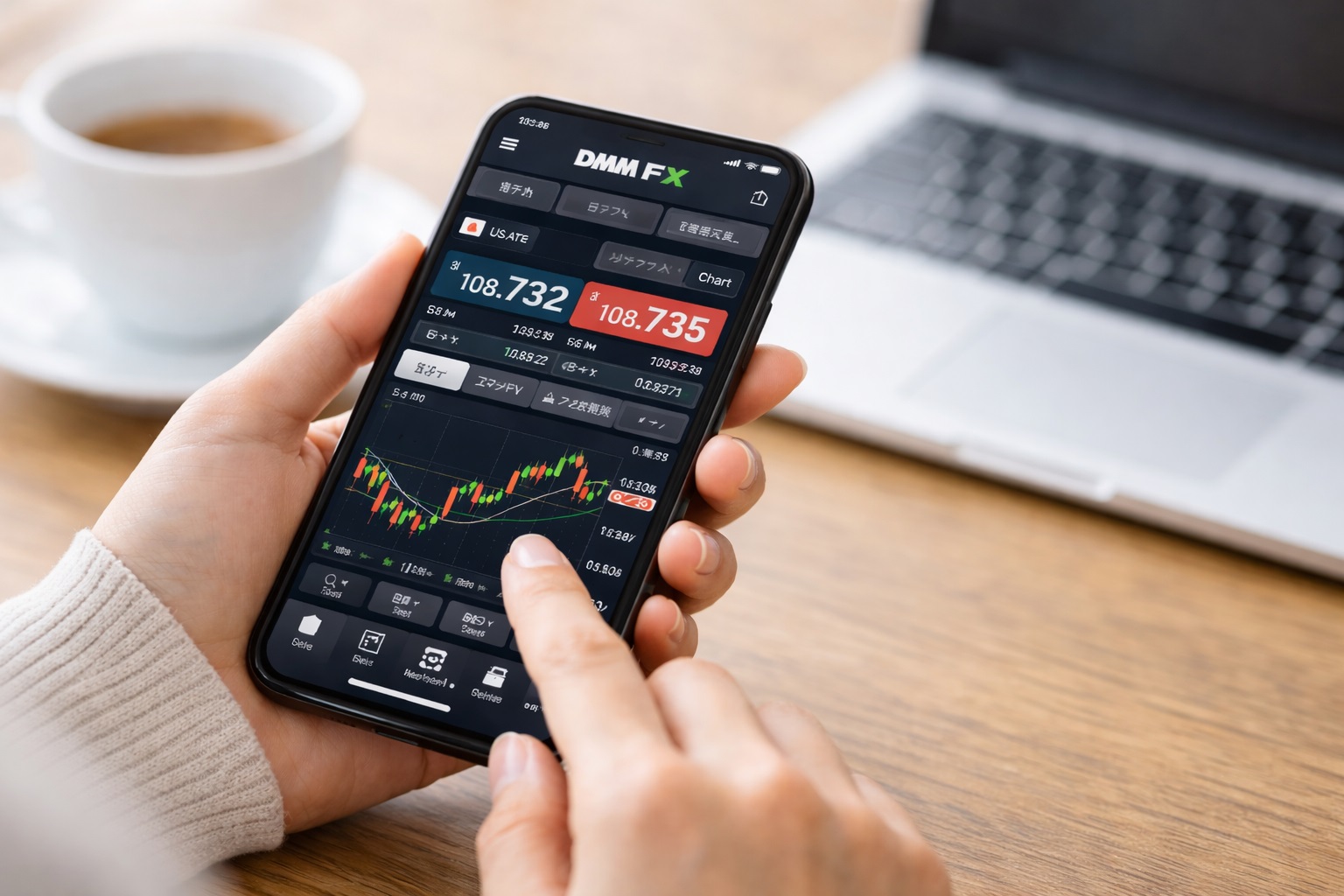 スマホでDMM FXアプリを操作しているイメージ