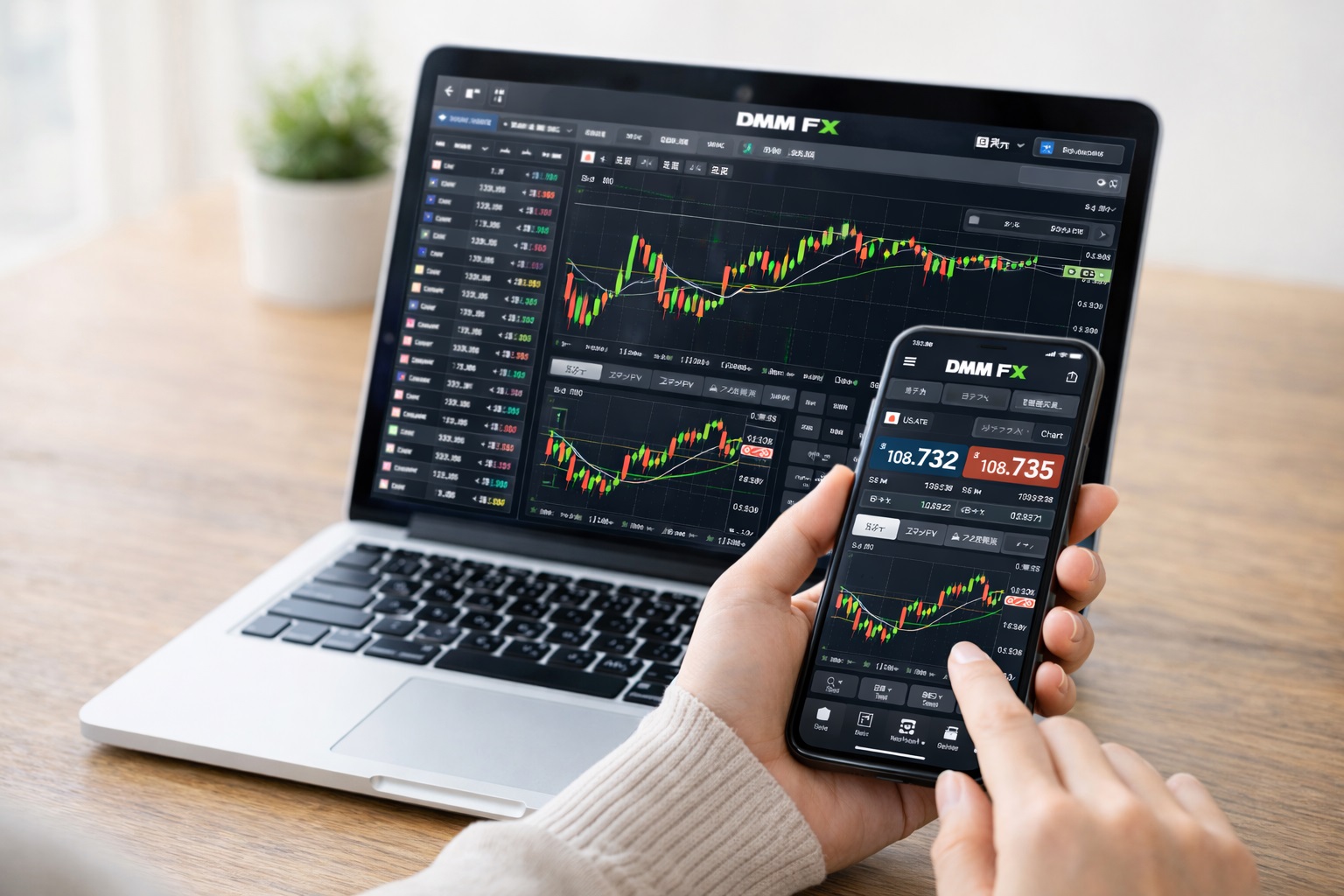 スマホでDMM FXアプリを使っているイメージ